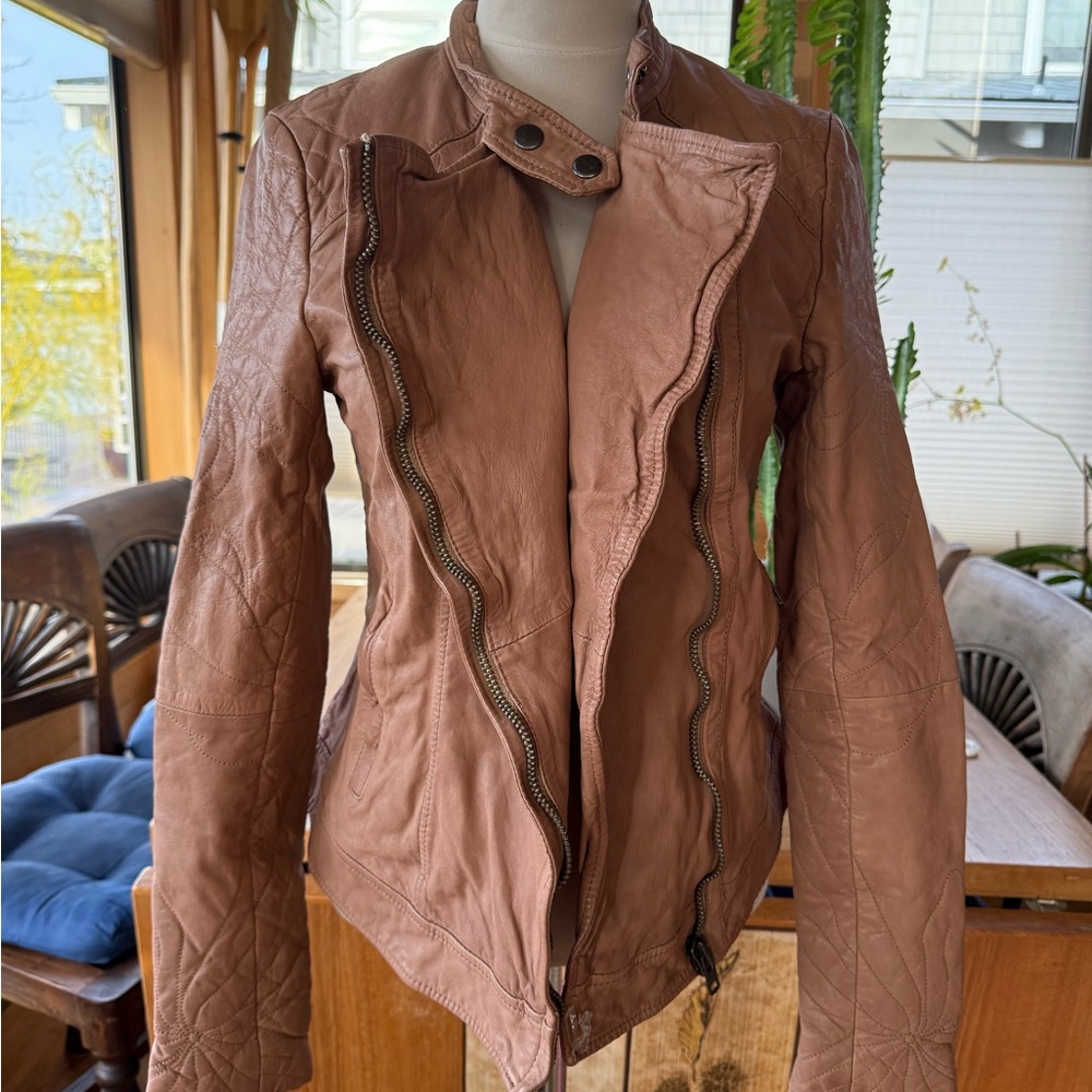 NWT MUUBAA URSAE LEATHER BIKER JACKET TAUPE MINK US 8 (M) UK 12